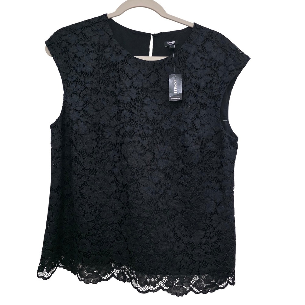 Express Gramercy Black Floral Lace Shell Top Sleeveless Blouse L‎ NWT 28621322